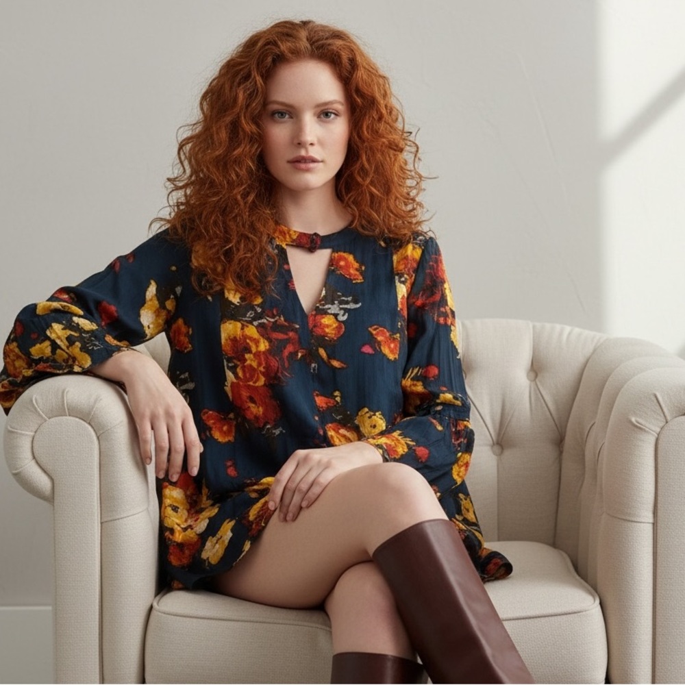California Moonrise Blue Bold Colorful Floral Bell Sleeve Mini Dress Size S